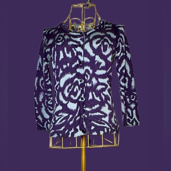 Boden 100% Wool Button-Up Cardigan in Purple & Blue Swirls w/ Suede Placket, 6 - Picture 7 of 16